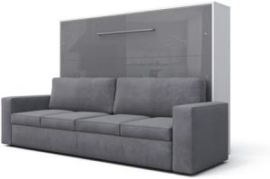 MAXIMAHOUSE Lit escamotable Horizontal Invento avec Le canapé LED 160H (160×200) (Blanc/Gris Brillant+Sofa Anthracite/Gris)