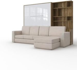 MAXIMAHOUSE Lit escamotable Vertical avec canapé d'angle et la bibliothèque Invento 160V LED (160×200) (Chêne Country/Blanc Brillant+Sofa Beige/Marron Clair)