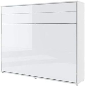 Lenart Bed Concept BC14 160 x 200 cm – Lit escamotable Horizantal – Armoire avec lit pliant intégré – Lit mural avec sommier à lattes – Blanc brillant