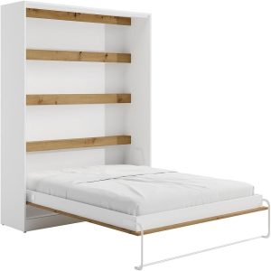 Vente-unique-Lit escamotable 160 x 200 cm - Ouverture Verticale Manuelle - avec LEDs - Blanc et Naturel - RAPILI