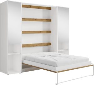 Vente-unique - Lit escamotable Vertical 160 x 200 cm - 2 colonnes de Rangement - avec miroirs et LEDs - Blanc et Naturel - RAPILI