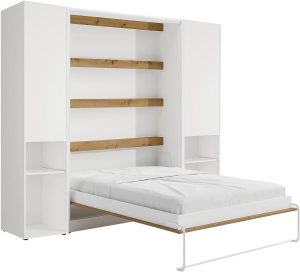 Vente-unique - Lit escamotable Vertical 160 x 200 cm - 2 colonnes de Rangement - avec LEDs - Blanc et Naturel - RAPILI