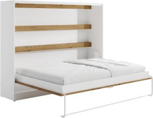 Vente-unique-Lit escamotable 140 x 200 cm - Ouverture Horizontale Manuelle - avec LEDs - Blanc et Naturel - RAPILI