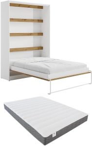 Vente-unique - Lit escamotable 140 x 200 cm - Ouverture Verticale Manuelle - avec LEDs - Blanc et Naturel + Matelas - RAPILI