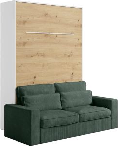 Vente-unique - Lit escamotable 160 x 200 cm - Ouverture Verticale Manuelle - avec LEDs - Blanc et Naturel + Canapé Vert - RAPILI