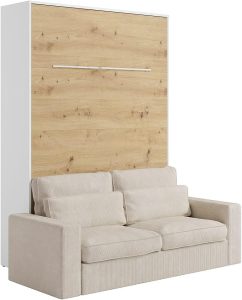 Vente-unique-Lit escamotable 140 x 200 cm - Ouverture Verticale Manuelle - avec LEDs - Blanc et Naturel + Canapé - RAPILI